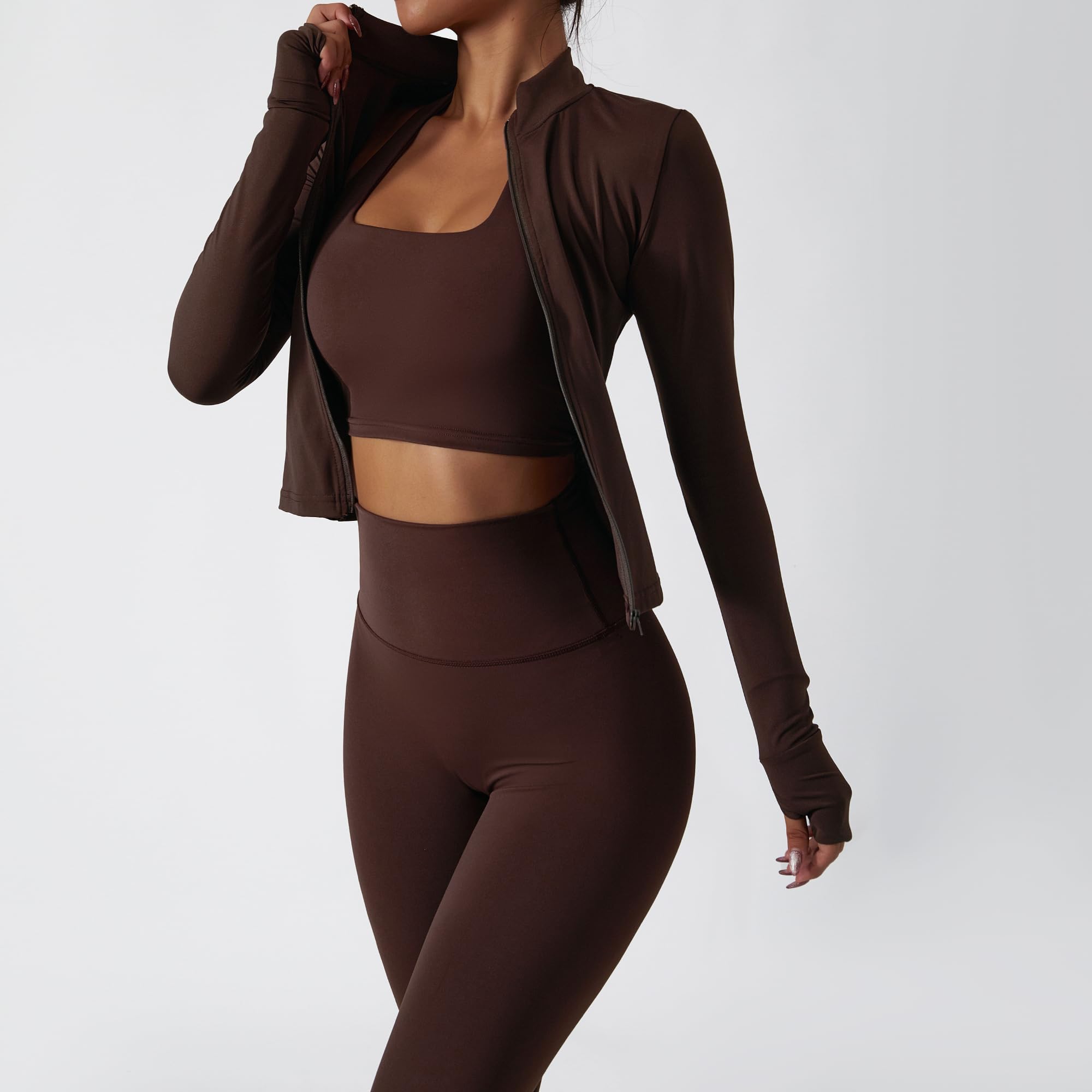 Conjunto de entrenamiento de 3 piezas para mujer, brasier deportivo, leggings y chaqueta con agujeros para los pulgares, ropa deportiva para yoga, gimnasio, correr, entrenamiento