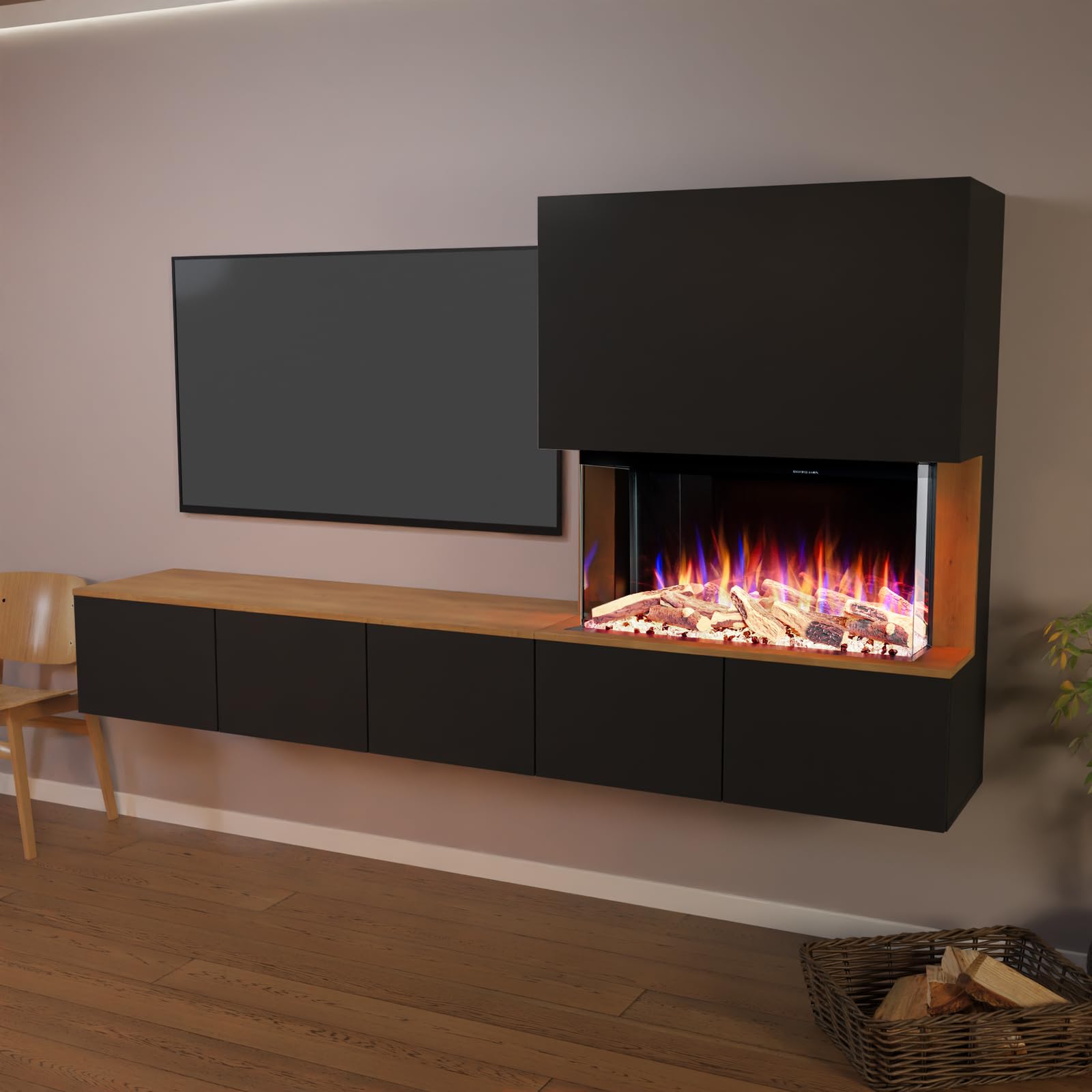 GLOW FIRE Kominek ścienny do telewizji CW5 otwarty lewy z realistycznym ogniem LED 3D E-Motion – stojący kominek elektryczny z ogrzewaniem, kominkiem i timerem, maks. 1500 W, 250 x 139,5 x 42,4 cm