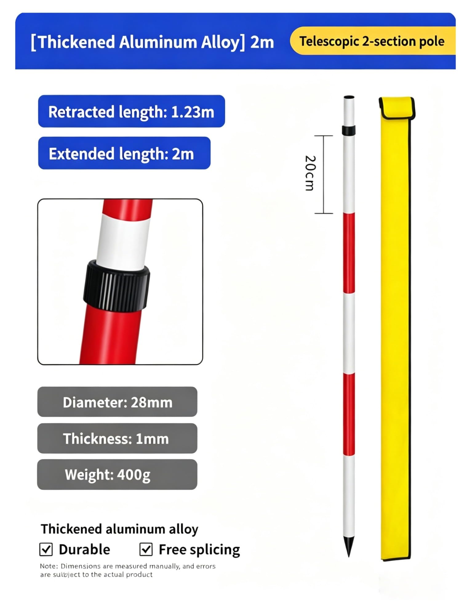 Jalón de medición de Aluminio, Varilla de centrado Desmontable para topografía e ingeniería de la construcción, Tipo unión, 5,0 m/16,4 pies de Longitud.
