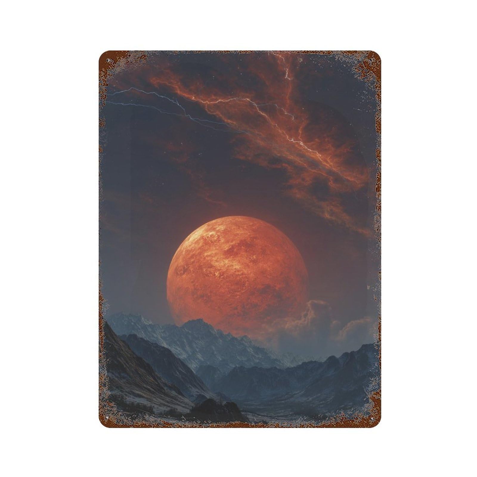 Fiery Moon Over Snowy Peaks 15.7"x11.8" Distressed Metal Wall Sign, Shabby Chic Decor for Shed, Workshop And Garage Wall Decor