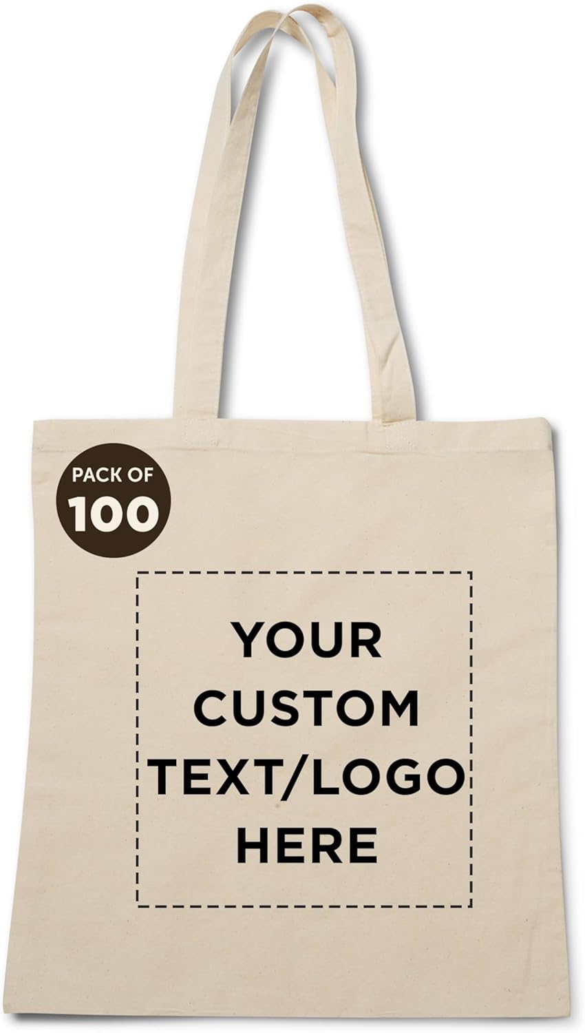 DISCOUNT PROMOS Custom Natural Cotton Fiber Tote Bags (Set of 100) - Personalized, Reusable & Eco-Friendly - Perfect for Grocery, Promotions, Branding - Natural Color, 14.5"X16", 5 OZ Cotton