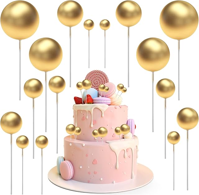 Jadyon 60 Pcs Mini Balloon Cake Topper, Foam Round Ball Balloon Cake Topper, Gold Balls Cake Decorating, Foam Ball DIY Cake Insert Topper for Birthday Party Wedding Baby Shower Decor (Gold)