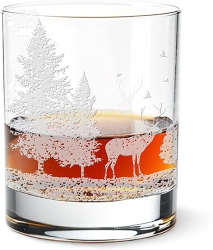 Nature Scene Forest Animals Whiskey Glass - Old Fashioned Whiskey Rocks Glass - Forest Bourbon Glass - 360 Degree Hand Engraving - 13.5 oz