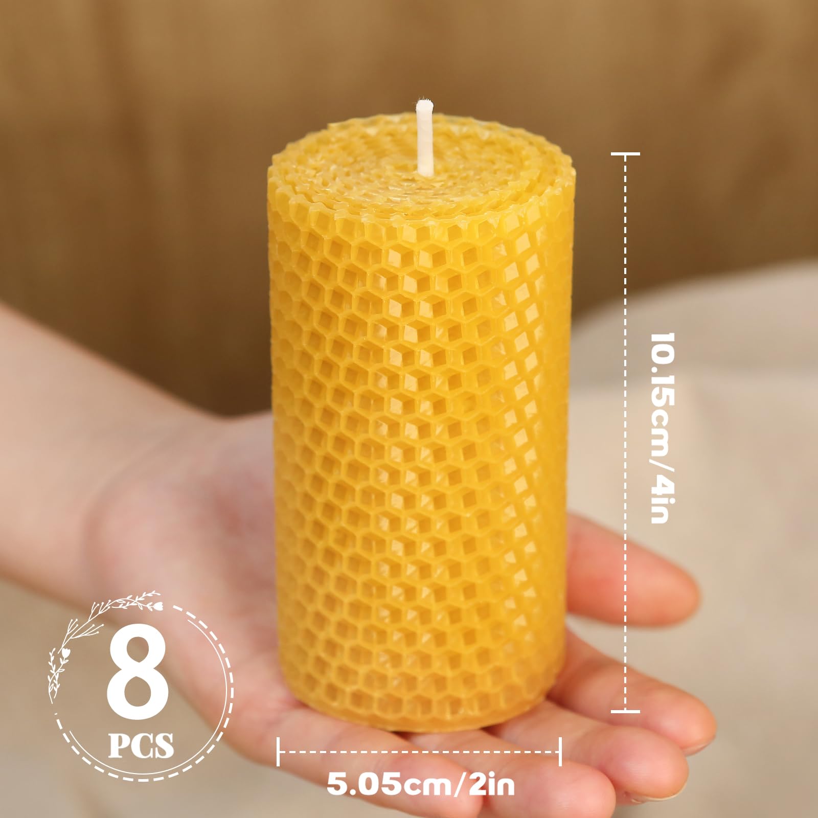 8 Packs Hand-Rolled Beeswax Candles, Handcrafted Honeycomb Beeswax Pillar Candles, Natural Bee Farm Gifts for Candle Lovers,Home Decor, Air Purify (2x4 in)