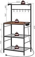 Vista 3 de Estante de panadería con toma de corriente, estante de almacenamiento de cocina con 6 ganchos, soporte para microondas con almacenamiento, estación