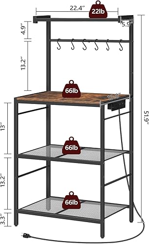Miniatura 3 de Estante para panaderos con toma de corriente, estante de almacenamiento de cocina con 6 ganchos, soporte para microondas con almacenamiento,