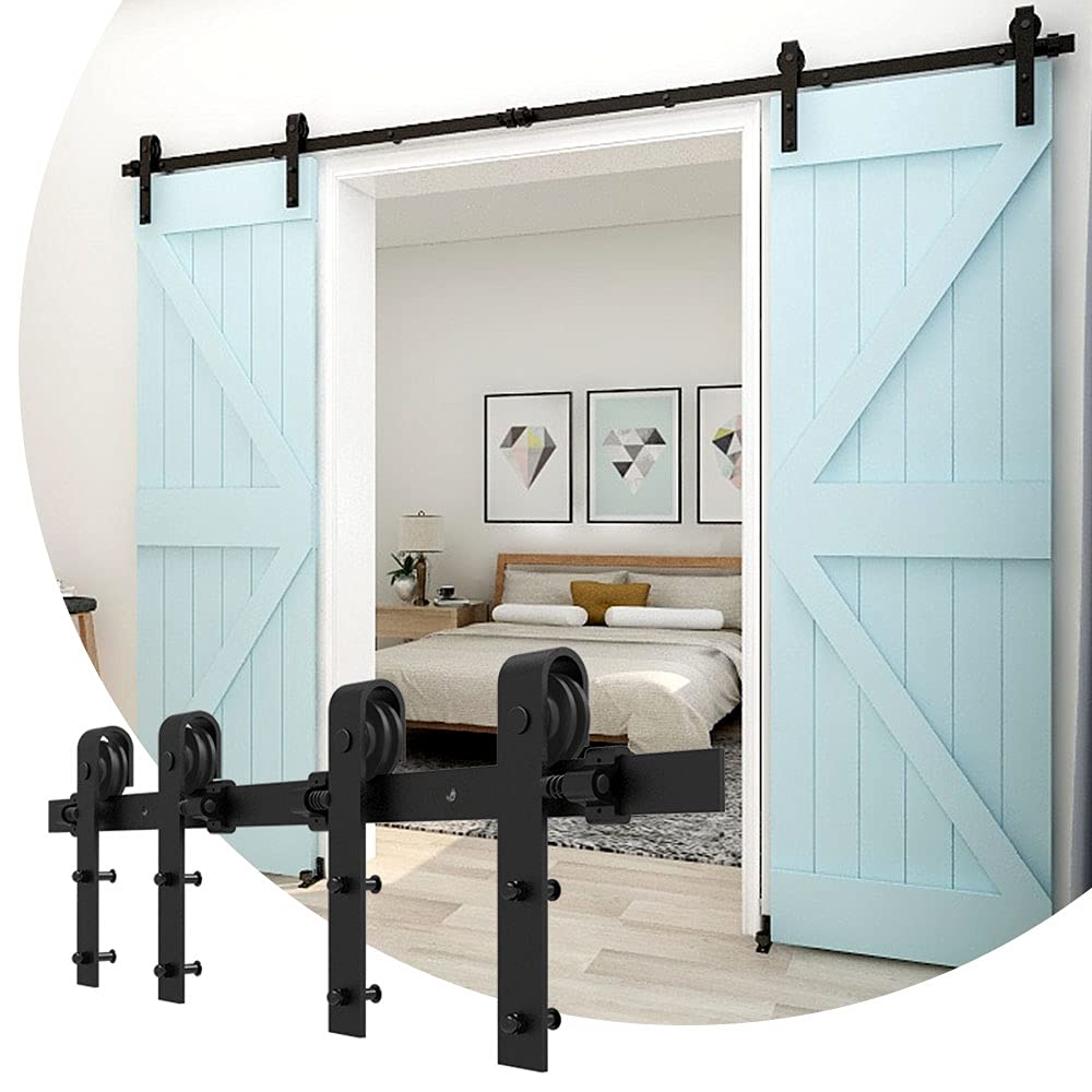 CCJH 5FT/152cm Sliding Barn Double Door Hardware Track Kit J Shape Roller Hanger Set with Adjustable Floor Guide