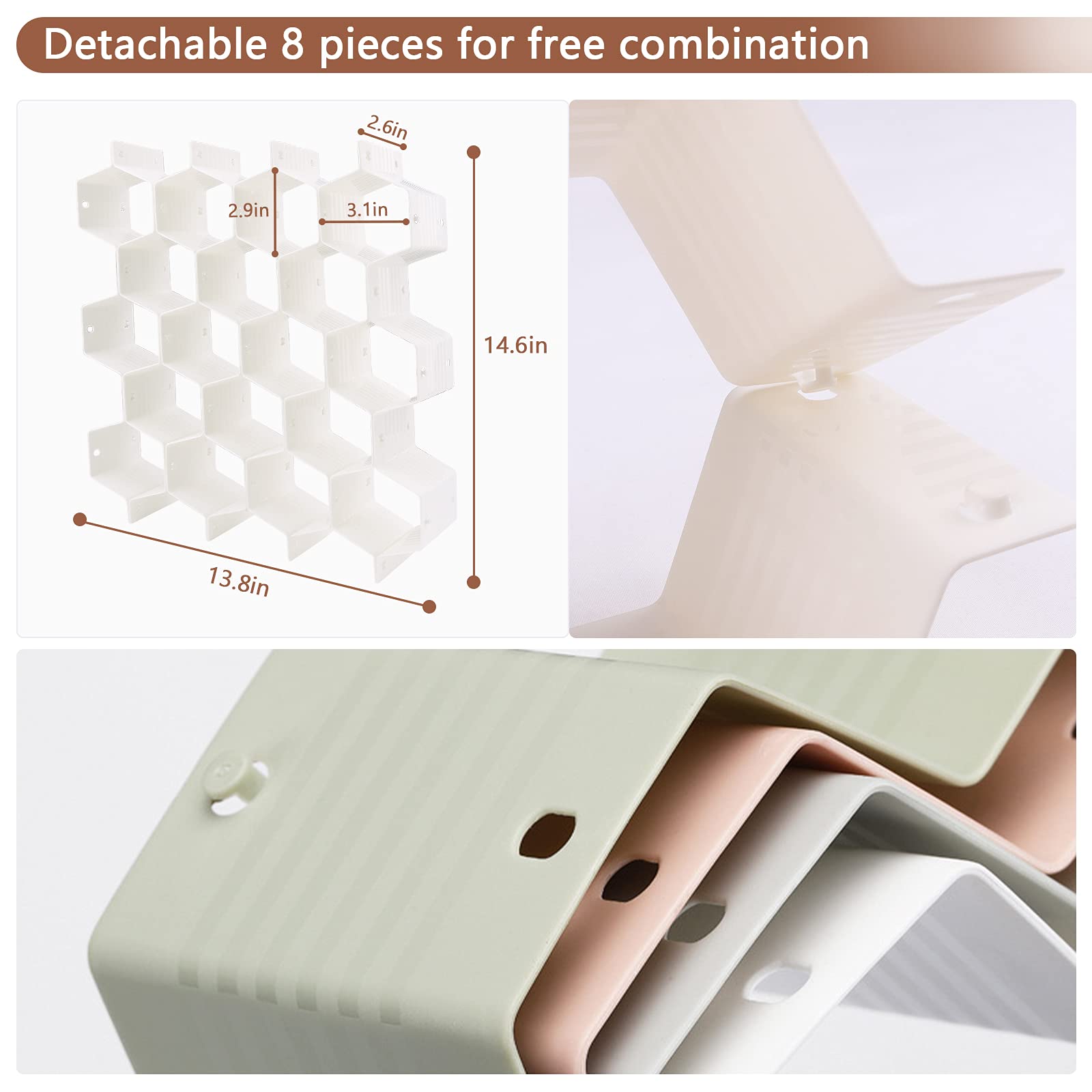 8 Pcs Adjustable Splicing Drawer Organizers, With 8 Fixers, Can Store Socks, Ties, Underwear, Cosmetics and Jewelry. (gray)