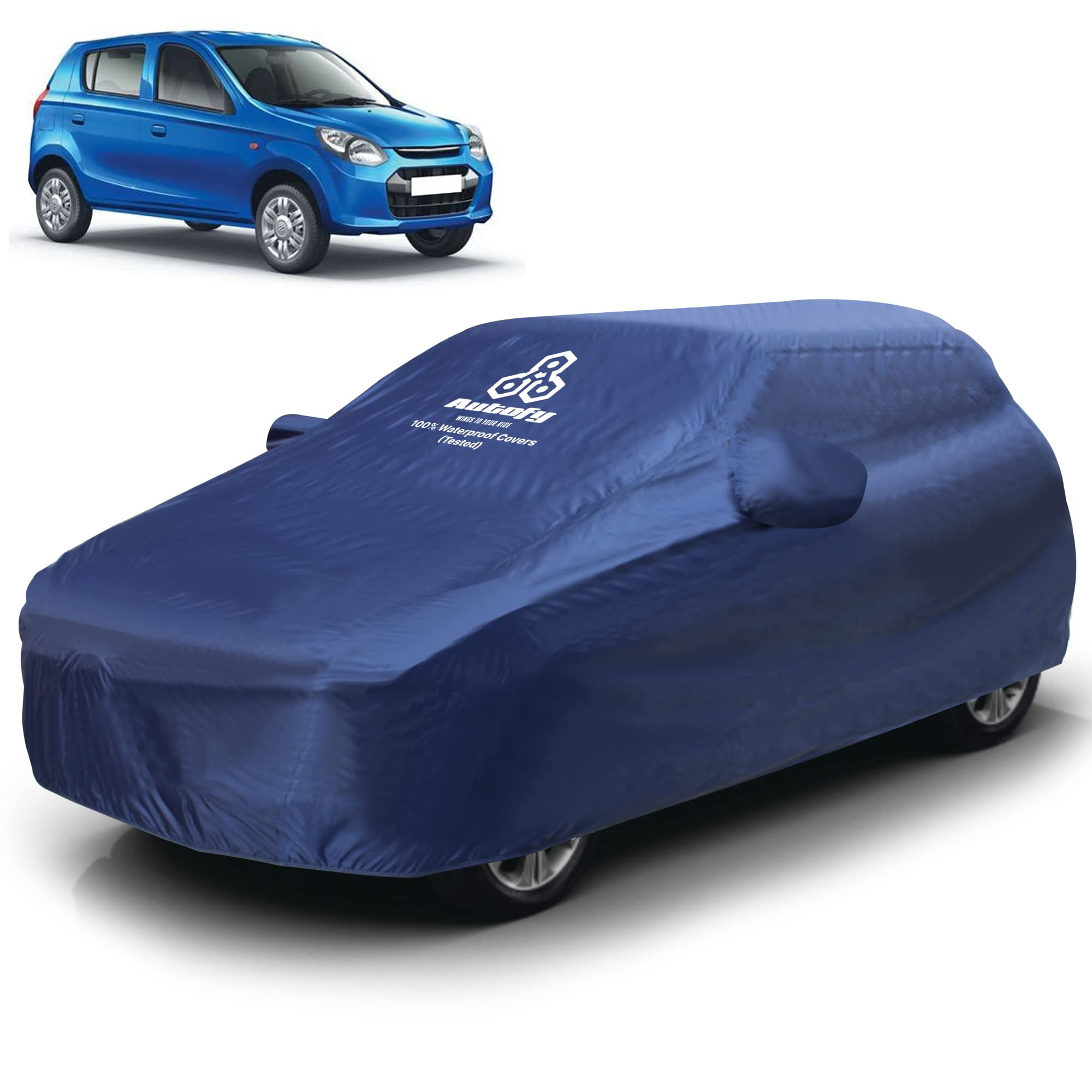 Autofy CAPE 100% Waterproof (Tested) Car Body Cover for Maruti Suzuki Alto K10 / Alto 800 [Year 2018 Onwards] with Elastic Bottom & 3 Belts Protection & Mirror Pockets & Paint Protection Layer Inside (Blue)