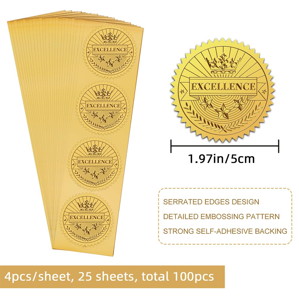 CHGCRAFT 100 Pezzi Certificato di eccellenza d'oro sigillo adesivo autoadesivo Foil etichette in rilievo adesivi per la cerimonia di laurea azienda celebrazione medaglia decorazione certificato premi