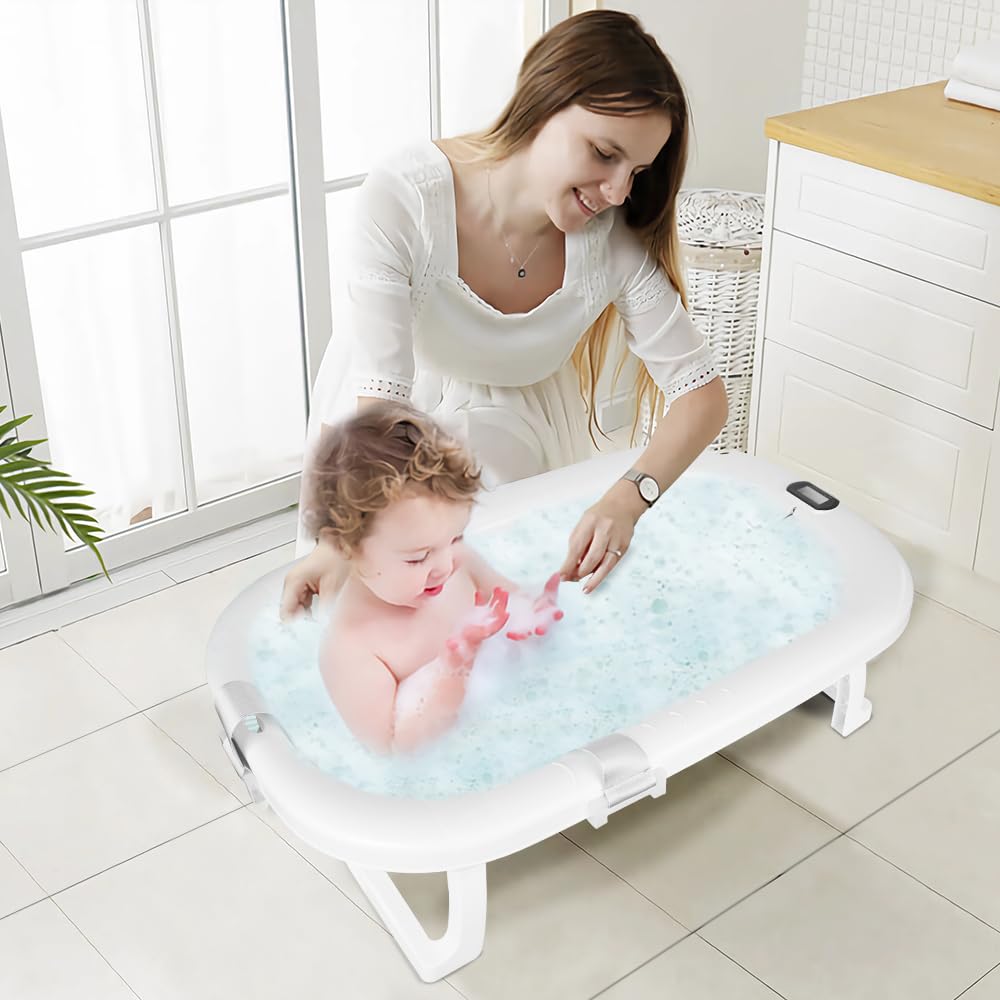 Faltbare Babybadewanne mit Digitalthermometer, Geeignet für Neugeborene und Kleinkinder, Platzsparend, 80 x 50 x 23 cm, Grau