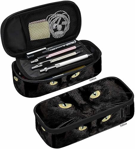Estuche de lápices de gato negro Cara de gato Ojos hermosos Bolsa de lápices de gran capacidad Bolsa de maquillaje para oficina universitaria Negro