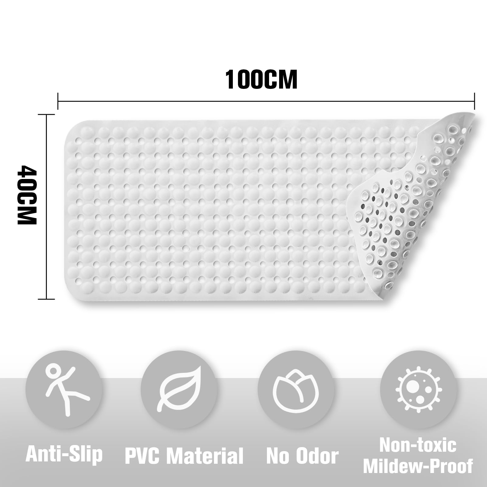 BASVII Tappeto Doccia Antiscivolo 100 x 40 cm, Senza BPA, Resistente Alla muffa Lavabile in Lavatrice, Tappetino Doccia Antiscivolo per Vasche da Bagno, Pavimenti del Bagno (Bianco)