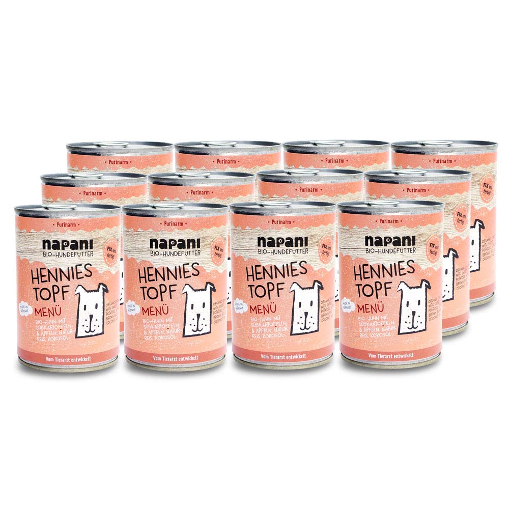 Premium Hundefutter nass, Bio Nassfutter für Hunde, Hennies Topf mit Huhn, Naturreis & Süßkartoffeln, purinarm, schonend gegart & ohne Zusatzstoffe, 12 x 400g