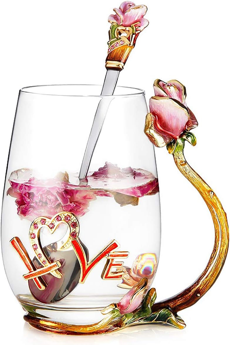 Luka Tech Valentines Day Gifts For Her Wife, flower Glass Coffee Mugs Tea Cup with Steel Spoon, Birthday Gifts For Women Mom Friends Mothers Day Christmas