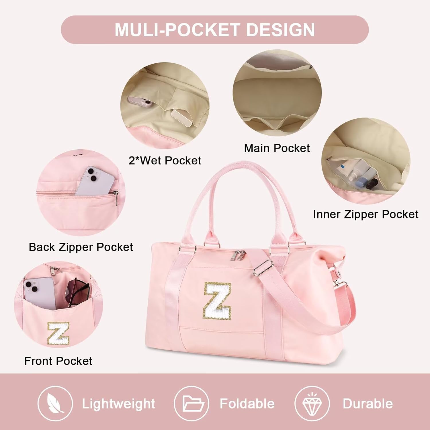 Dance Gym Duffel Bag for Teen Girls, Personalized Initial Travel Weekender Bag,Cute Overnight Carry On Duffle for Women,Sports Travel Cheer Bag,Monogram Christmas Gifts for Tween Preppy(pink-Z) - Image 9