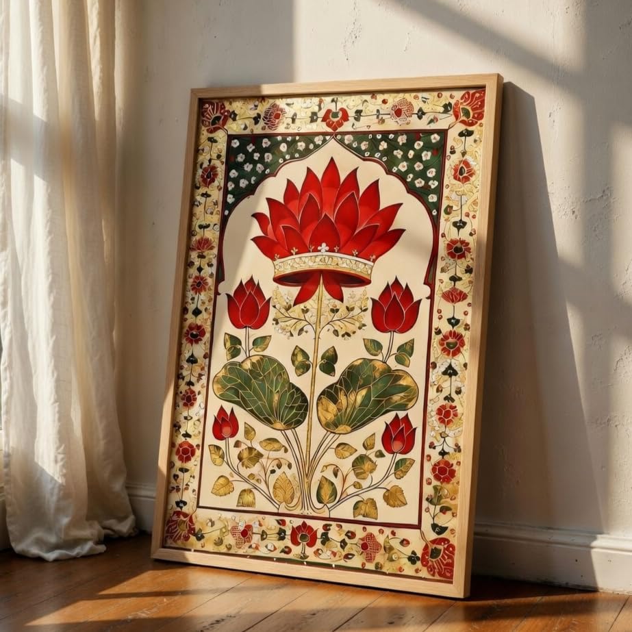 Image of Livin'luxe Royal Lotus Floral Wall Painting with Wooden Frame | Traditional Lotus Artwork HD UV Laminated MDF Wall Decor | Elegant Botanical Lotus Art for Living Room Bedroom Home Decor