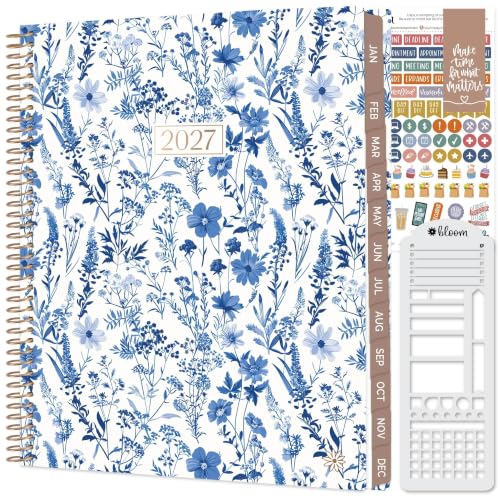 bloom daily planners 2027 Planner & Stencil for Women (8.5" x 11") - Weekly & Monthly Calendar Year (January to December) Softcover Agenda Book Organizer with Stickers - Blue & White Floral