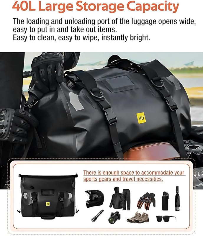 Image of HRWIN Motorcycle Tail Bag 40L Waterproof PVC Duffel Bag - Water-Resistant PVC Roll-Top Dry Luggage for Riders, Travel & Adventure - Roll Top Dry Sack for Motorbike, Car, Boat, and Outdoor Use (1Pcs)