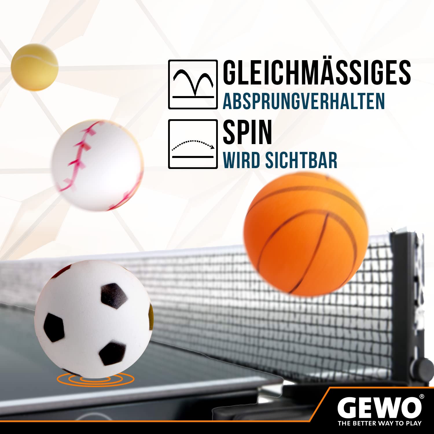 GEWO Sports-Mix - Palline da ping pong in plastica, 40+, design sportivo, 12 palline colorate di alta qualità, per bambini, diversi design, diametro 40 mm