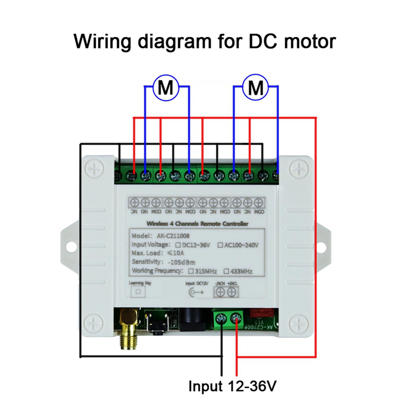 2X Receptor de Interruptor de Control Remoto Inalámbrico DC12-36V 4CH con Antena de Ventosas de Control Remoto de Larga Distancia de 2000M