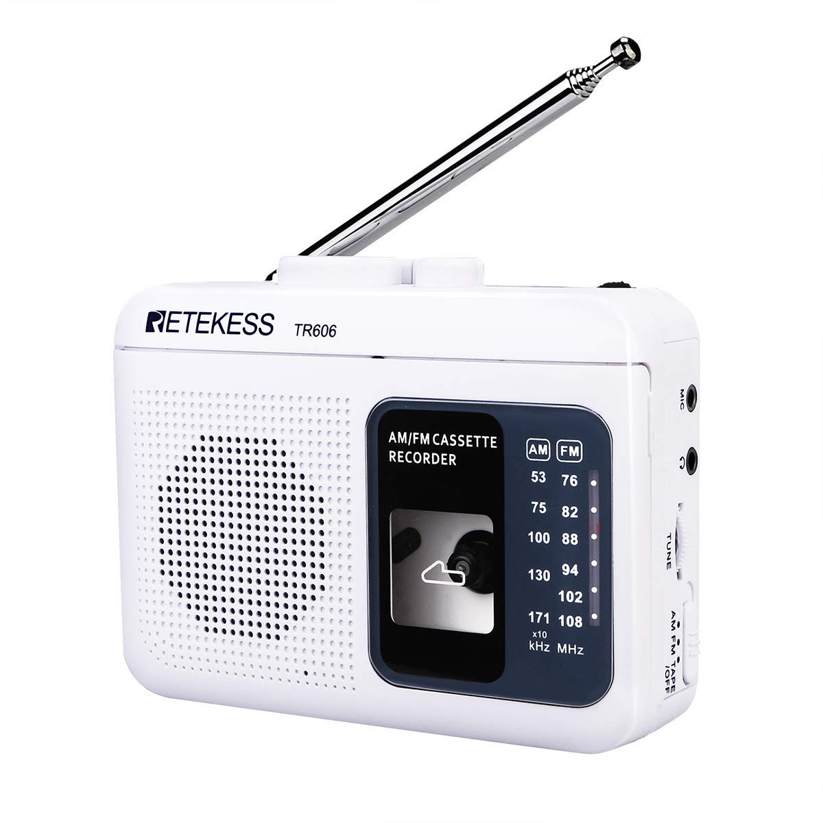 TR606 Cassette Tape Player, Cassette Player Recorder, Built-in Speaker, AUX/Microphone Jack, Support AUX Line in Record, AM FM Radio, Powered by DC or AA Battery (White)