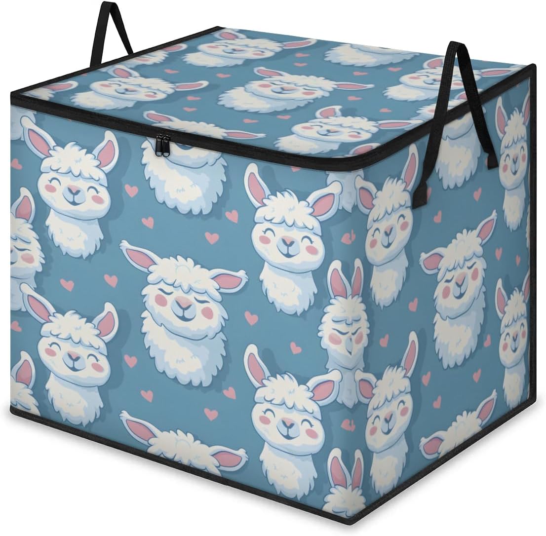 Honeybaby 214L Extra Large Comforter Storage Bag Alpaca Heart Love Storage Totes with Lids Waterproof Closet Organizer Folding Blanket Storage Bags for Clothes Bedding Pillows
