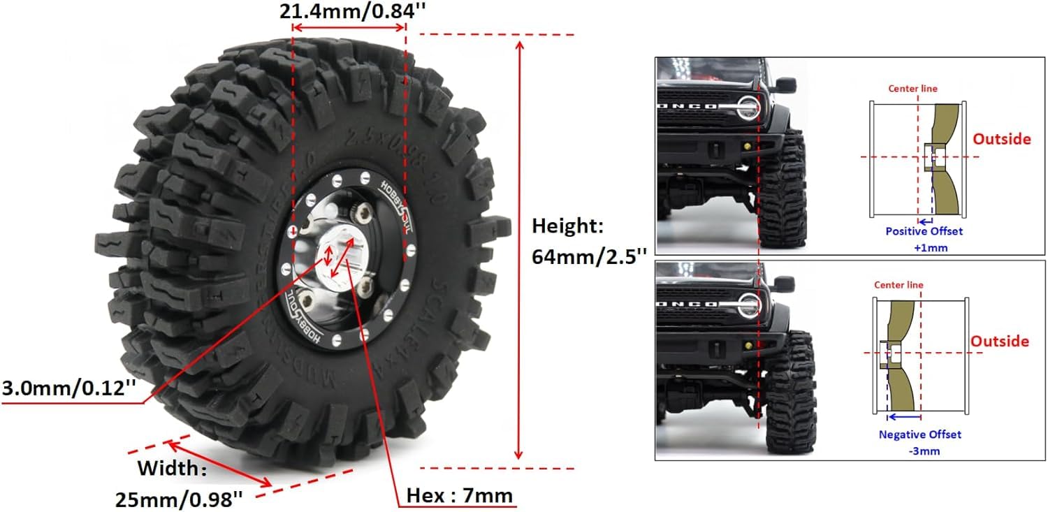 HOBBYSOUL RC 64mm 1.0 Mud Slingers Tires Tyres & Metal 1.0 beadlock Wheels Adjustable Offset Rims, 1/18 1/24 Tires Wheels for RC Rock Crawler 1/18 TRX4M 1/24 SCX24 FCX24