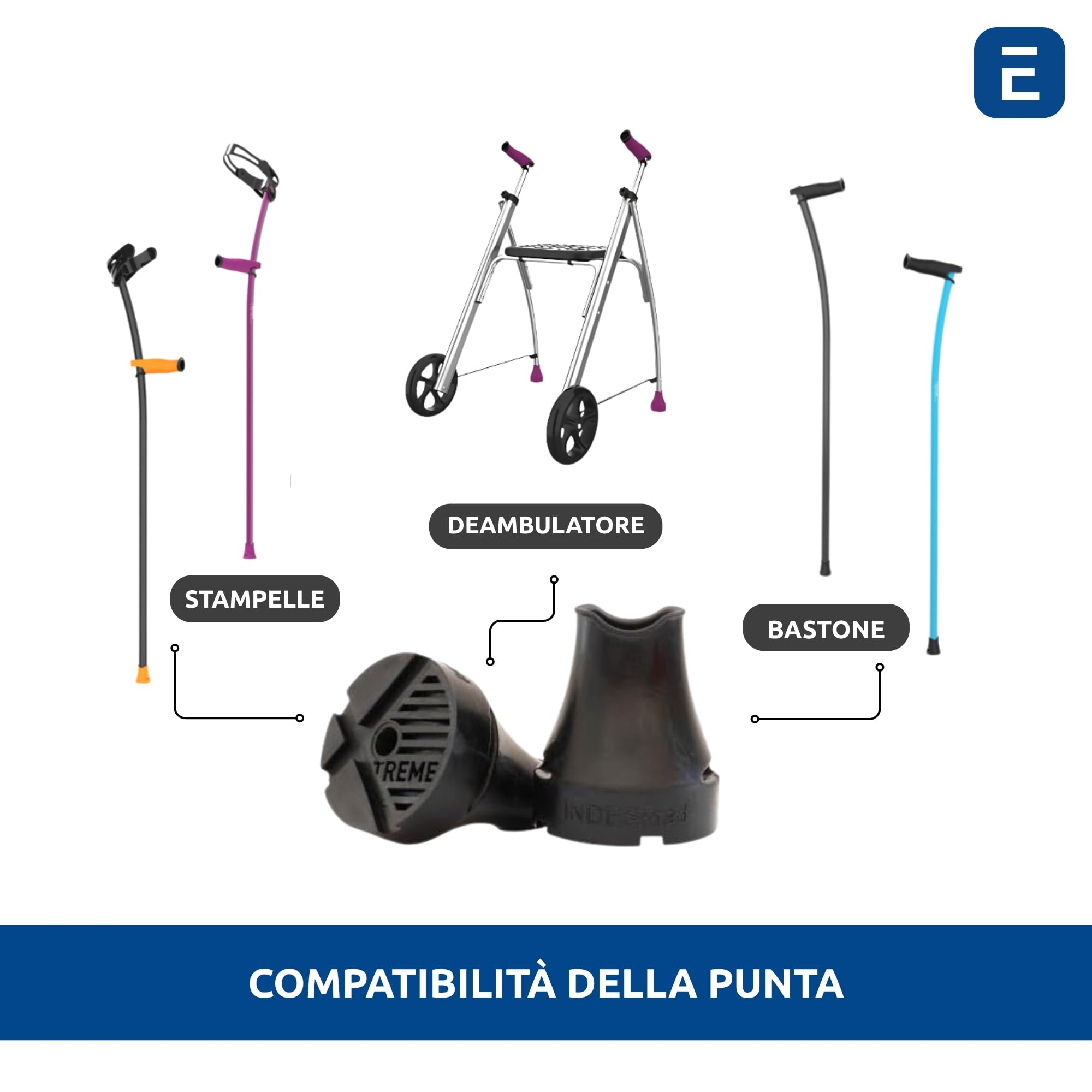 INDESmed Xtreme 2x gommini per stampelle e per bastone da passeggio - Massima aderenza e resistenza, Realizzato in TPU ad alta densità - Gommini antiscivolo 22mm (Viola)