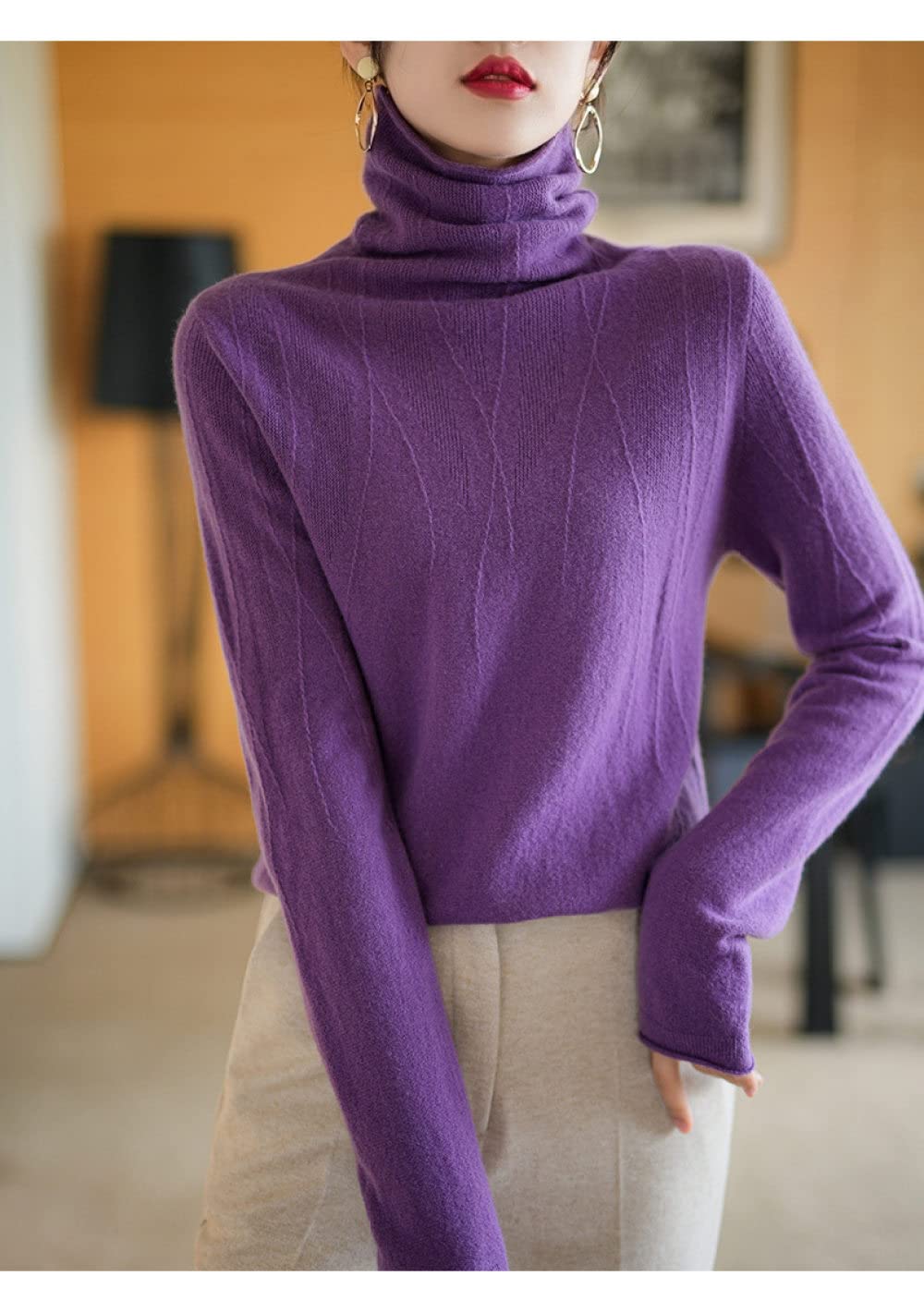 Homme T Shirt Tee Manches Longues Pied-de-poule Plaid Col Roulé Casual