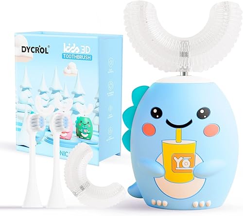 Cepillo de dientes eléctrico en forma de U para niños con 4 cabezales de cepillo, cepillo de dientes sónico para niños con 5 modos, dinosaurio de