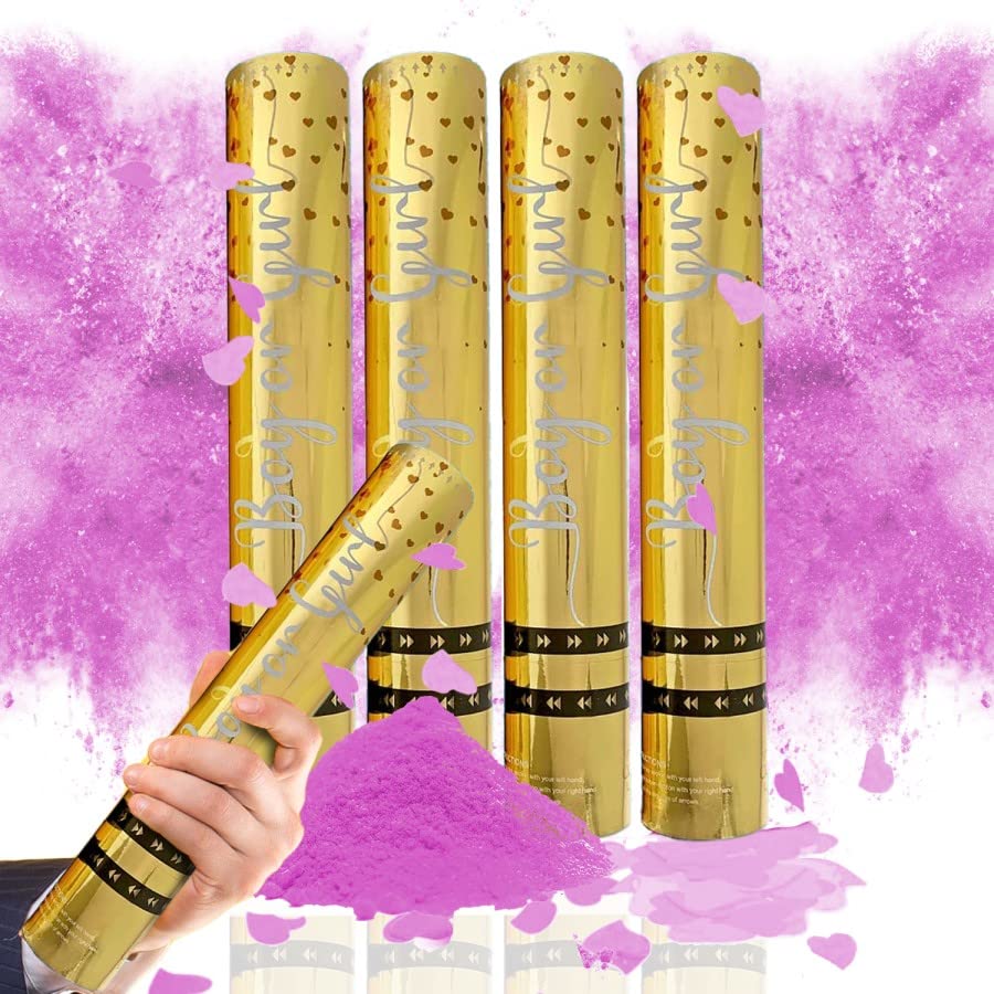 CG & CO LONDON | Décoration de révélation du sexe – 4 canons à confettis décorations pour fête prénatale Boutons-pression roses Poudre écologique et mouchoirs biodégradables (confettis poudre), MCP