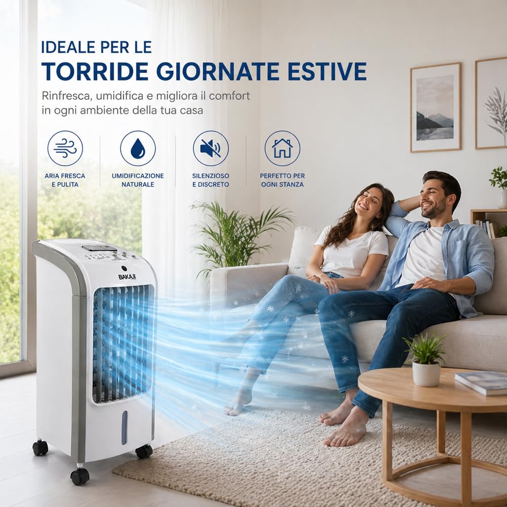 BAKAJI Raffrescatore ad Aria Fredda con 2 Blocchi Refrigeranti e Telecomando per Controllo da Distanza, Serbatoio 4 Litri, Air Cooler Silenzioso, Oscillazione Automatica 60°, 25 x 26.5 x 57 cm
