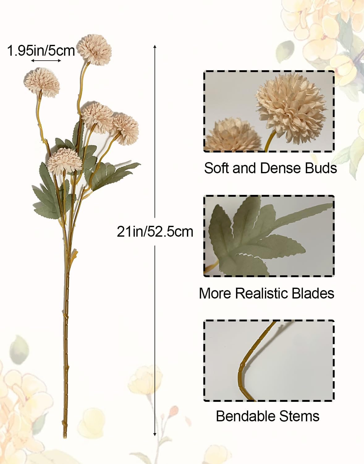 Artificial Flowers Faux Mums 6pcs, Long Stem Faux Flowers for Vase, Artificial Chrysanthemums Kiku Flower Floral Stems for Home Decor, Baby Shower, Beige - Image 6