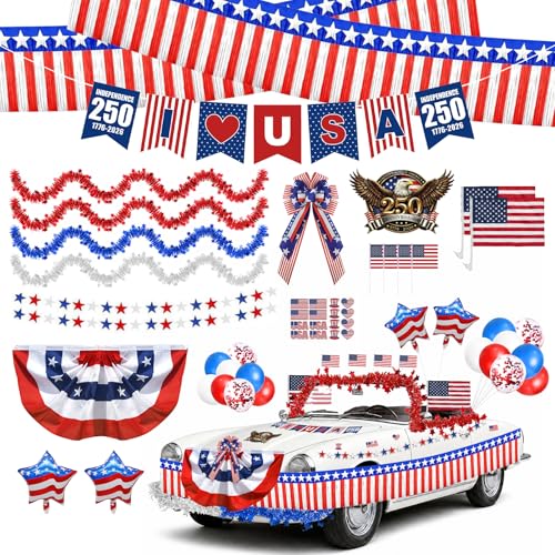 4th of July Car Parade Decorations Patriotic Golf Cart Decor 250th Anniversary Decorations Kit American Flags Bow Fringe Garland Etc- Red White Blue Decor for Independence Day Memorial Day (250th)