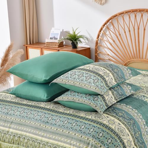 Image of Cottolester Boho Queen Comforter Set 8 Pieces,Green Bohemian Comforter Paisley Striped Bed in A Bag,Soft Microfiber Bedding Set for All Season