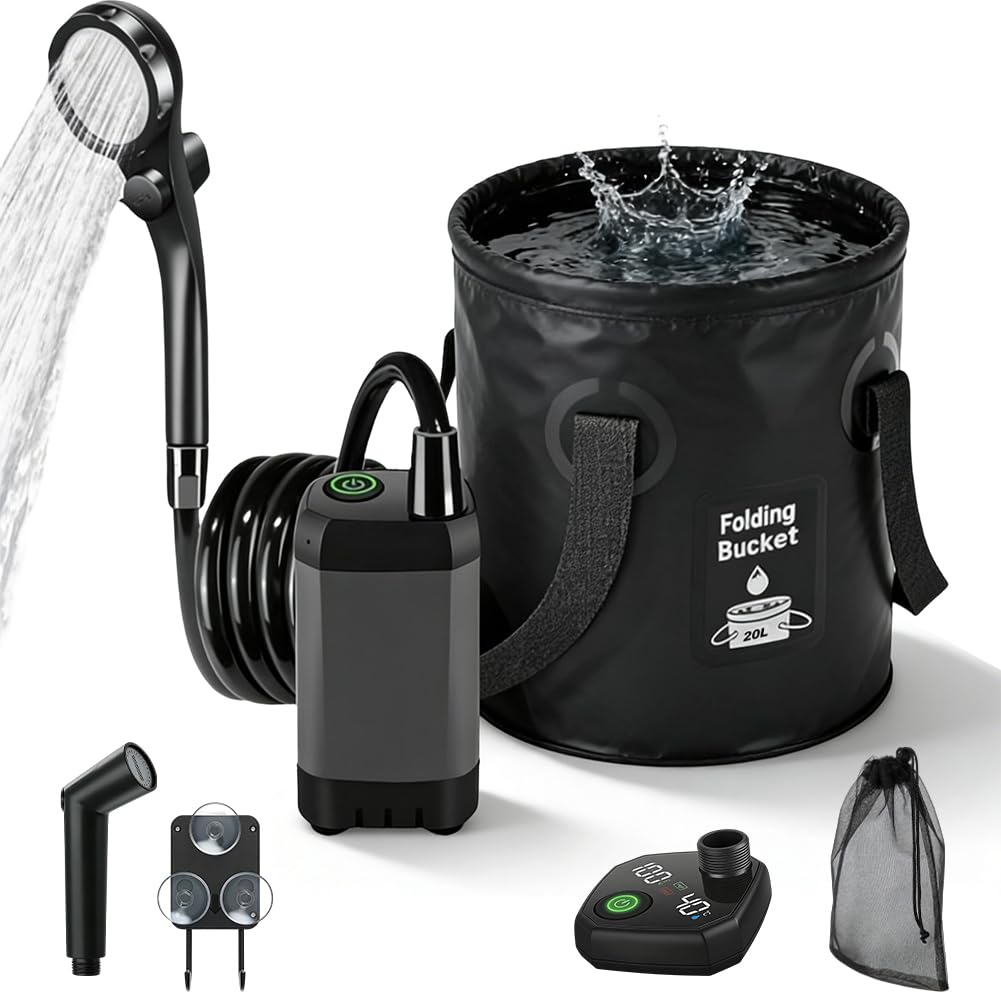 Kit de douche de camping 2026, batterie 6000 mAh/8000 mAh et écran intelligent, seau de 5 gallons, pommeau de douche 4 modes pour les voyages en plein air, accessoires de camping