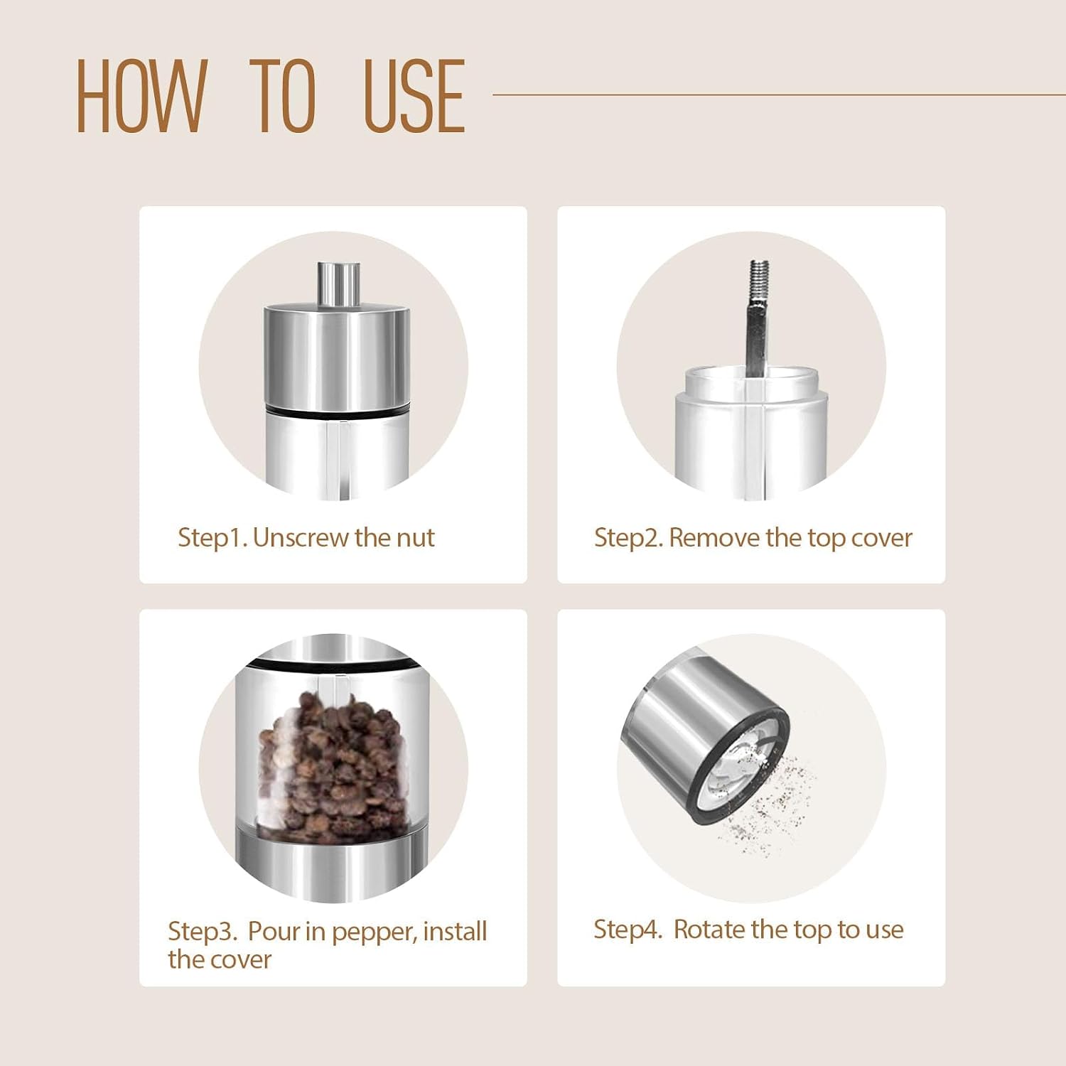 Mini Salt & Pepper Grinder, 4inch, Adjustable Coarseness, Leakproof