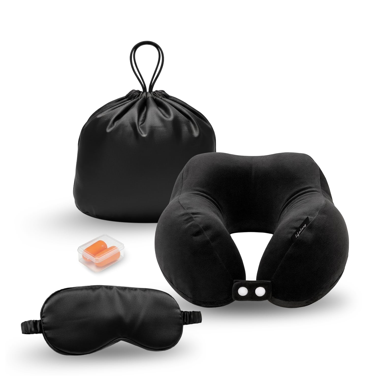 Neck Rest Pillow for Travelling | Memory Foam Pillow for Sleeping in Airplane & Car | Soft & Comfortable Neck Support with Eye Mask, Ear Plugs & Travel Pouch |Ideal for Office & Home (Black)