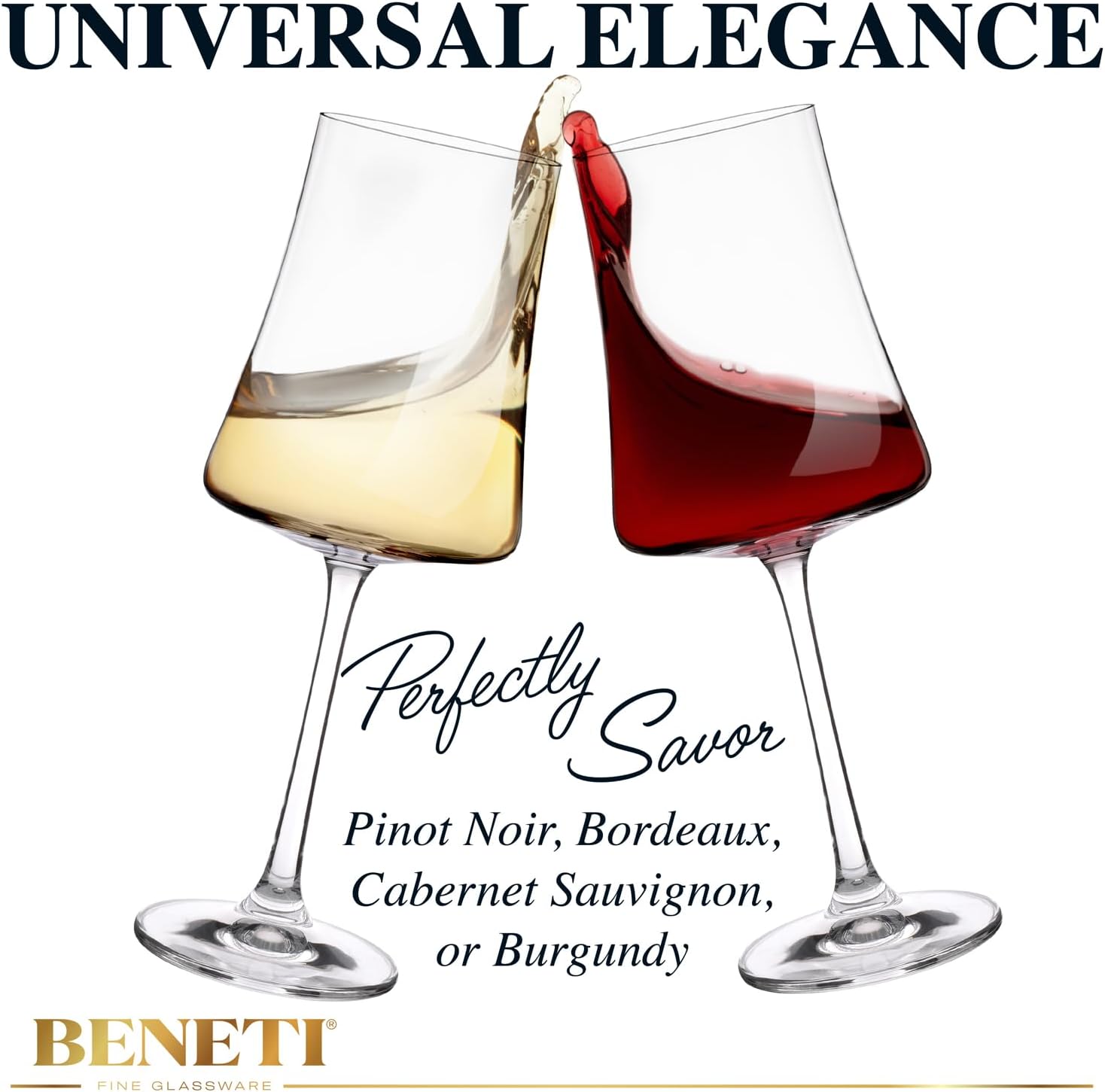 BENETI Exquisite Wine Glasses Set of 2 | Handmade In Europe | 15oz Premium Crystal Red & White Long Stem Wine Glass Set with Unique Modern Shape, Excellent Gift for Men or Women, Holidays & Birthdays