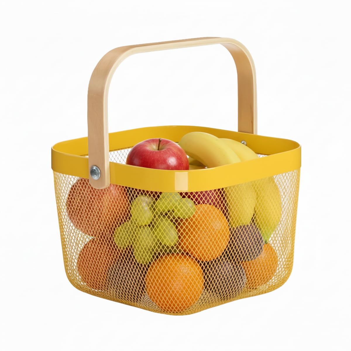 Ymeibe Mesh Steel Storage Organizer Basket Fruit Basket Bin with Wood Handle Ideal for Kitchen Bathroom Picnic Baskets Pantry Cabinets Storage Home