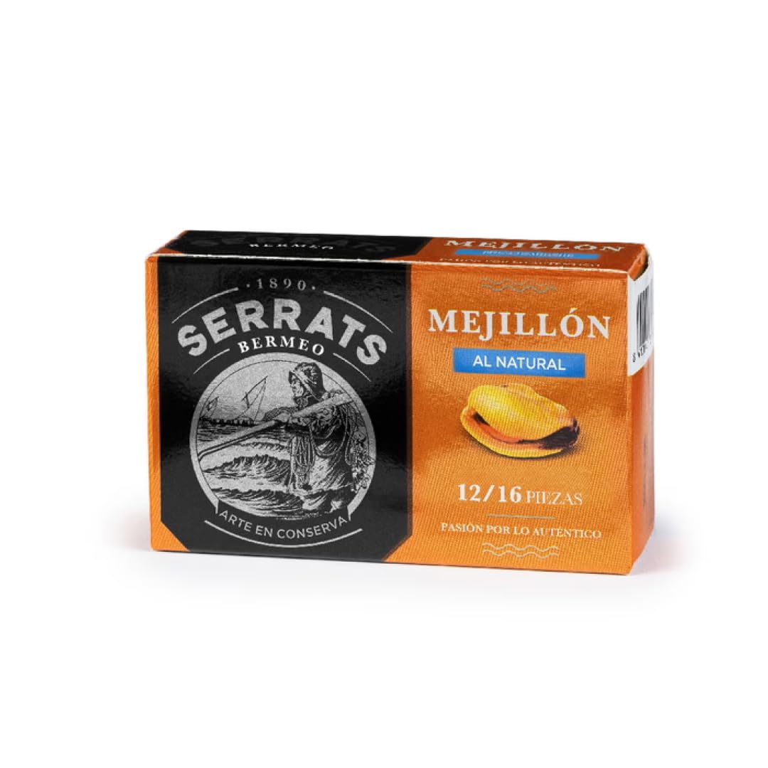 CONSERVAS SERRATS - Mejillones al Natural 12/16 Piezas por Lata - 12 latas x 110g (Total: 1320g) - Elaboración Artesanal desde 1890 - Sin Gluten, Rico en Omega 3