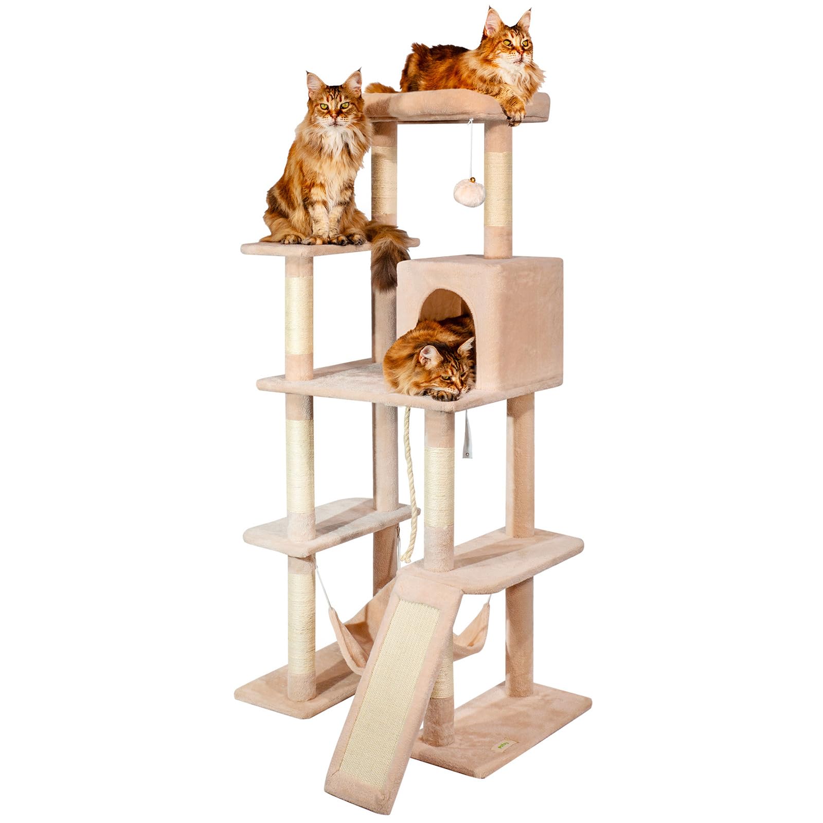 Árbol de Gato XL, rascador para Gatos, 1 Percha, 1 nicho, 1 Hamaca, Pelota, columnas de sisal, Peluche, Altura 160 cm, Color Beige, garantía de 5 años