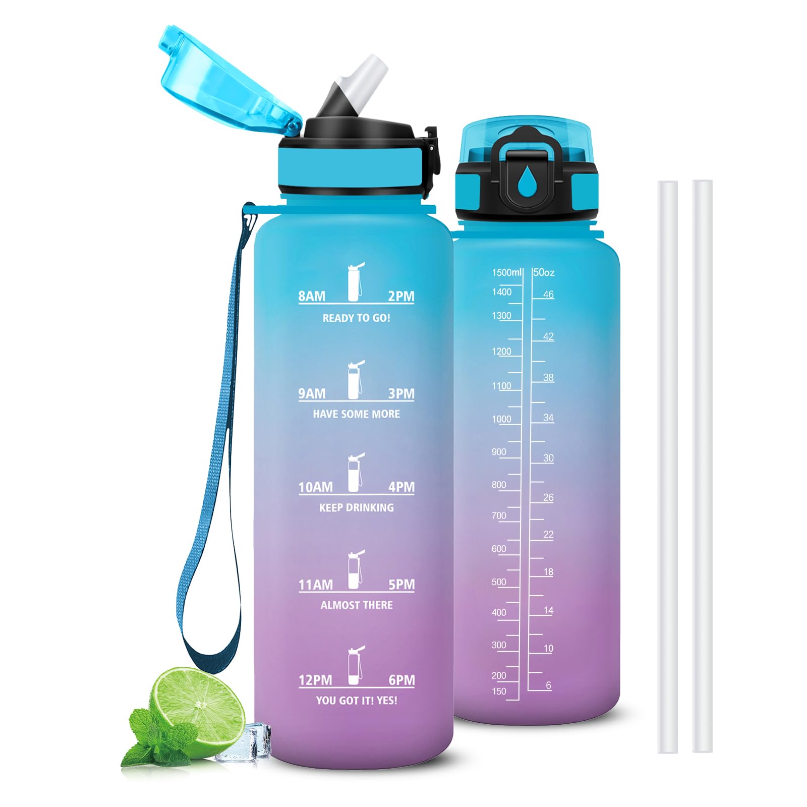 Mujigaga 1.5L Sports Bottle with Straw with Time Marker, Graduated Water Bottles for 1 Day, Safety Lock, Motivational Bottle for Hiking, Yoga, Cycling