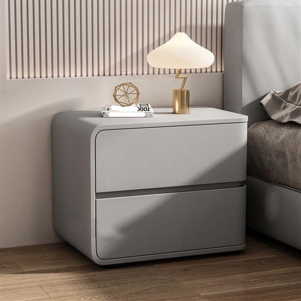 Table de chevet en cuir microfibre gris clair de luxe pour chambre élégante
