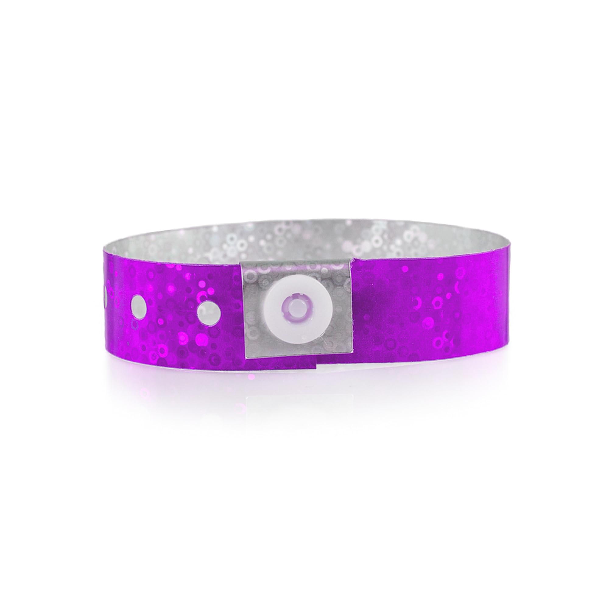 100 WristCo Purple Holographic Plastic Wristbands for Events – Extended Wear, Glowing Color Prevents Reuse – Premium-Grade Bracelets for Hospital & Medical ID, Party & VIP Identification