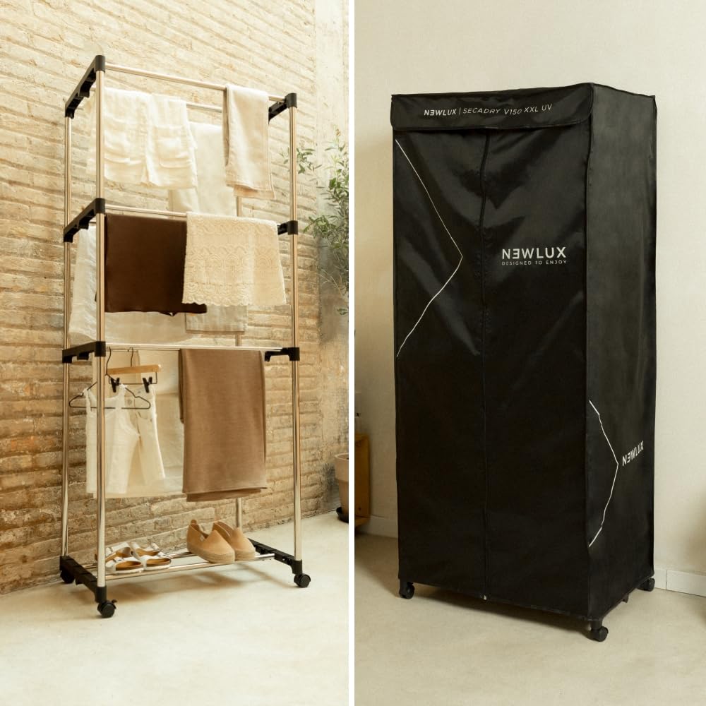 Newlux - Séchoir à Linge Électrique Portable Secadry (1200W) avec Lumière UV pour Désinfecter. Capacité 15Kg, Temp. 180min, 4 Niveaux. Séchoir par Ventilation idéal comme Armoire et Séchoir, Noir