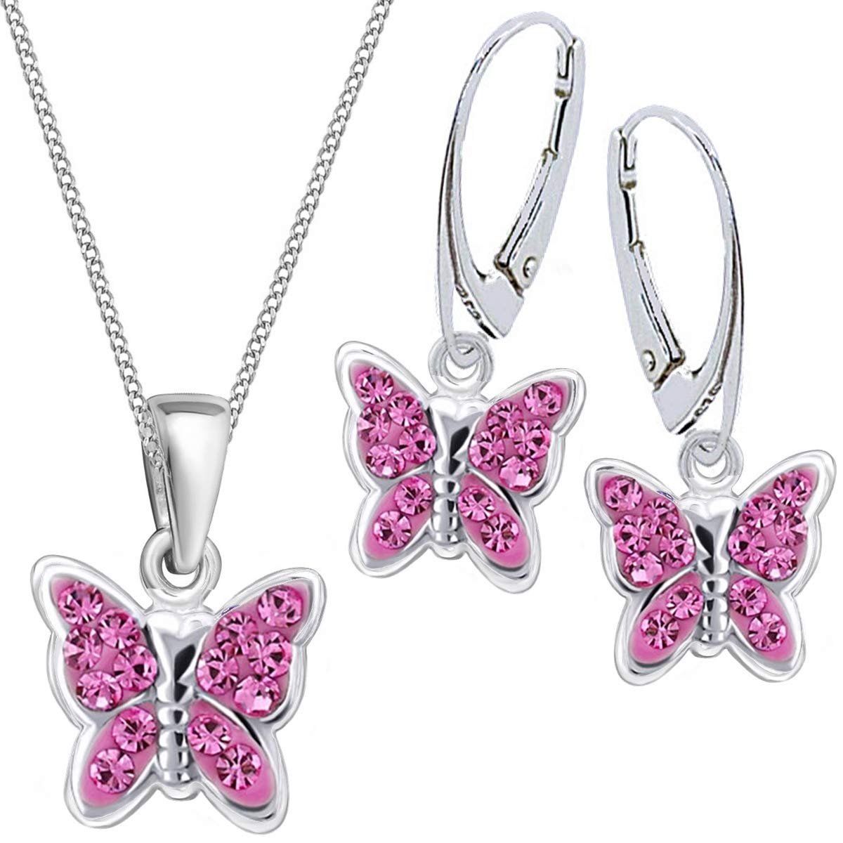 Goldene Hufeisen Mädchen Kinder Kristall Schmetterling Brisur Ohrringe + Anhänger + 40cm Kette 925 Silber Set