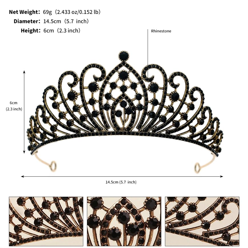 Dninmim Tiara da donna vintage con strass neri accessori per capelli fascia gioielli