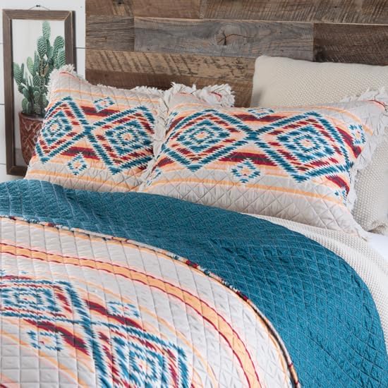 Rod's Sundance Southwest (Quilt Set) - Aztec Diamond Ruffle - Turquoise Blue Coral Red Tan - 3 Piece King Bedding Set - (1) King Quilt (105x95in) and (2) King Shams (20x36in)